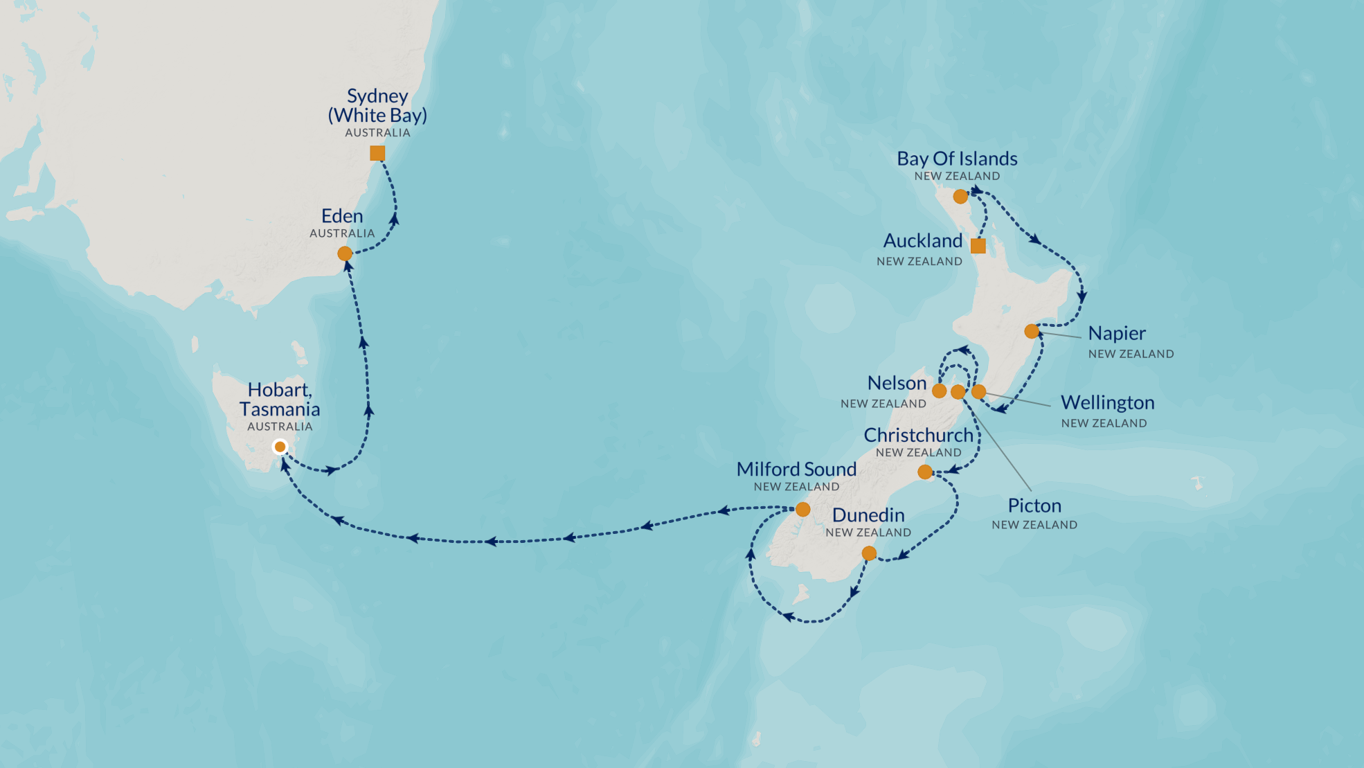 2026 NEW ZEALAND & 
						AUSTRALIA GOLF CRUISE Map